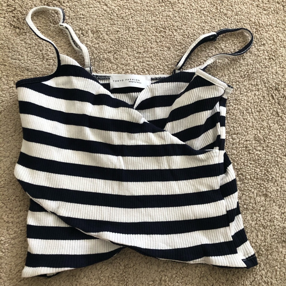 Navy and white striped wrap top